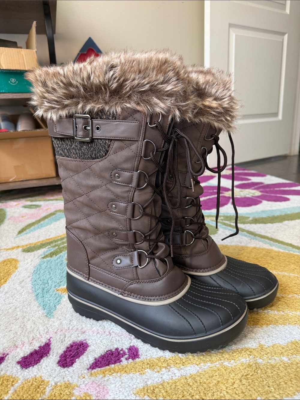 Dream Pairs Brown Quilted Faux-Fur Trim Winter Lace-Up Boots